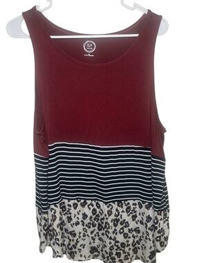 Maurices 24/7 Maroon Color block Tank Top Stripes Leopard Summr Rock Festival XL